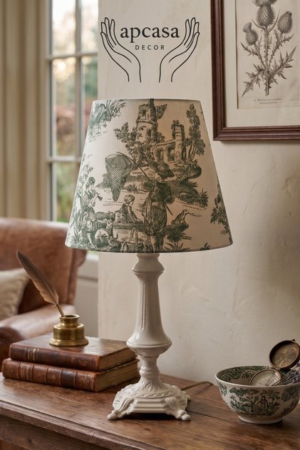 Vintage Toile de Jouy Desen Tasarım Ayak Masa Lambası Abajur