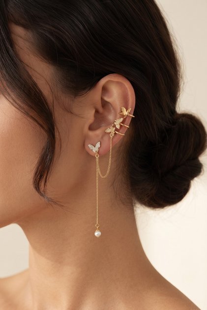 Butterfly Figured Gold Color Chain Dangle Earrings with Cartilage Detail