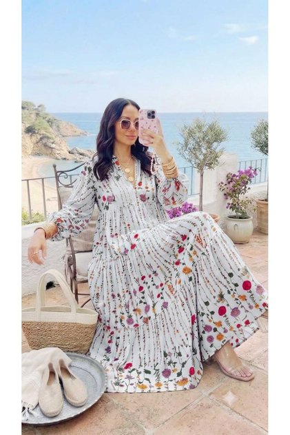 V-Neck Patterned Viscose Fabric Full Length Dress