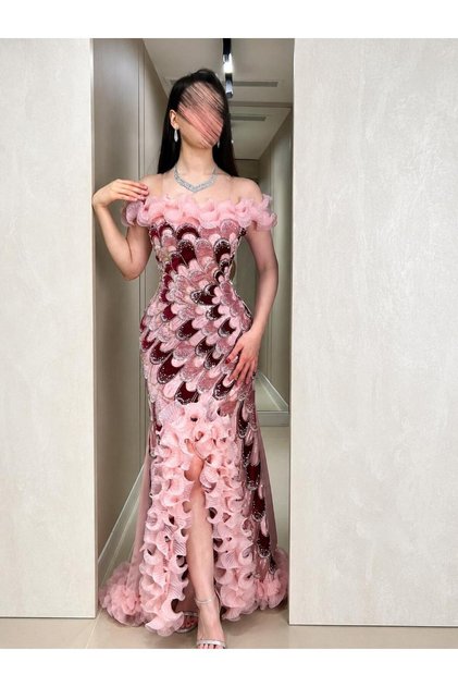Rosa Evening Gown with Velvet Embroidery and 3D Floral Appliques