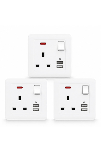 3-Gang Uk Smart Wall Switch & Socket with 2 USB Fast Charging Ports and Built-In Switch, Fireproof Modern Luxury Model for Bedrooms and Kitchens, 3 Pieces, White