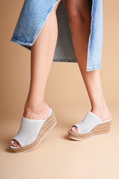 Women's Genuine Leather Perforated Wedge Heel Slippers - White