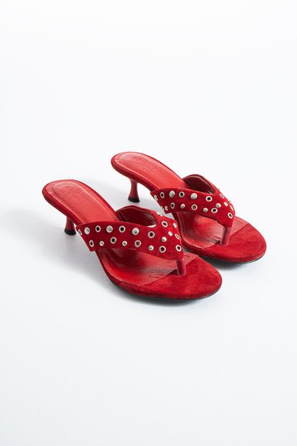 Madison Women's Genuine Leather Studded Detailed Flip-Flop Heeled Slippers Sandals