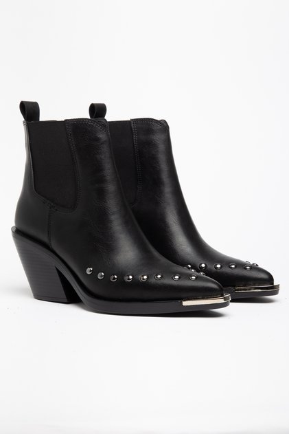 Schwarze, matte Lederstiefel mit flachem Trok-Detail, elastischer Metallkappe und Western-Cowboy-Kurzstiefel