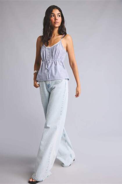 100% Cotton Wide Leg High Waist Light Blue Jean Trousers I1919Ax26Au