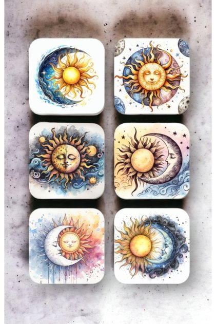 Astrology Sun And Moon Illustration Wooden Coaster Set 6 Pieces