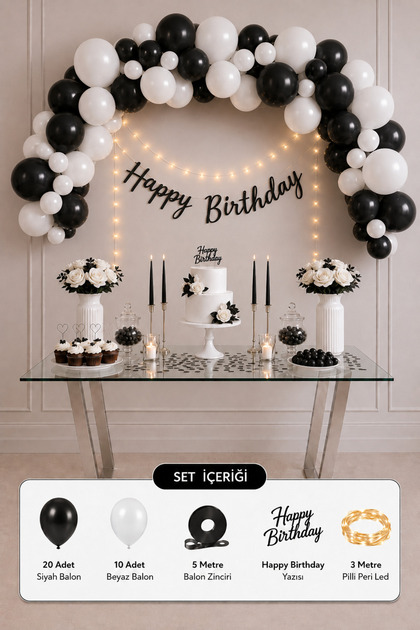 Siyah Beyaz Doğum Günü Süsleme Seti 30 Balonlu Happy Birthday Yazılı Pilli Peri Ledli