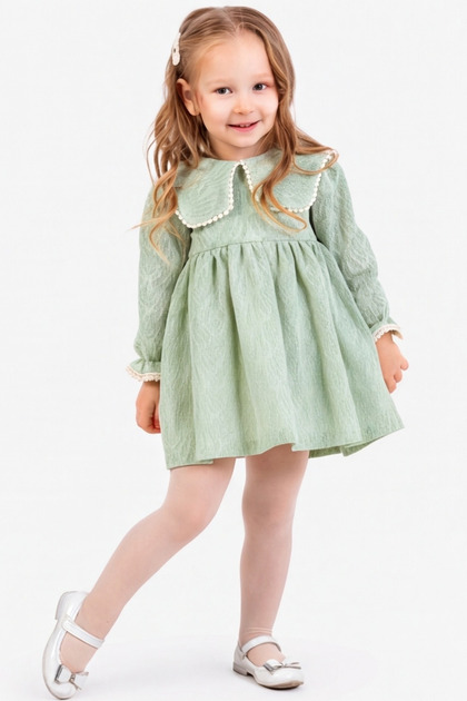 Girl's Long Sleeve Muslin Dress with Lace Collar