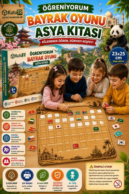 Öğreniyorum Bayrak Oyunu Asya Kıtası Ahşap Montessori Eğitici Oyun 54 Bayrak Taşı 23x25 cm