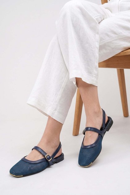 Women's Navy Blue Double-Strapped Mesh Short-Heeled Daily Comfortable Ballerinas