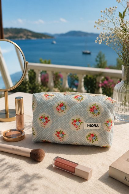 Blue Crispy Floral Quilted Makeup Bag Cosmetic Organizer-Organizer