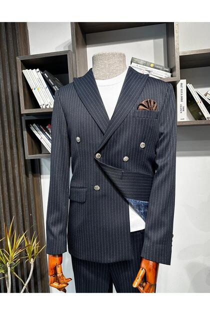 Kruvaze çizgili Slim fit Takım Elbise Erkek spor lacivert