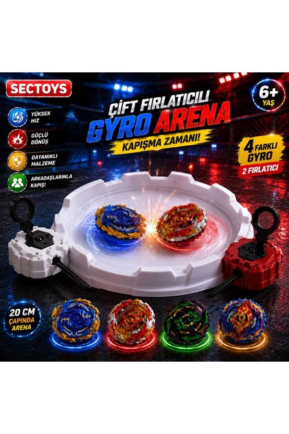 Metal Topaç Arena Seti Bayblade Arenalı 2 Fırlatıcılı Set 4 Adet Beyblade Oyuncak Set