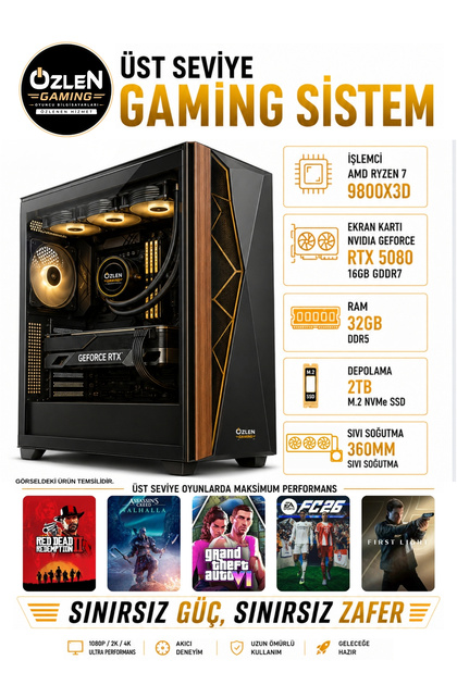 XXL9 RYZEN 7 9800X3D RTX 5080 16GB 32GB DDR5 RAM 2TB M.2 SSD Üst Seviye Oyuncu Bilgisayarı