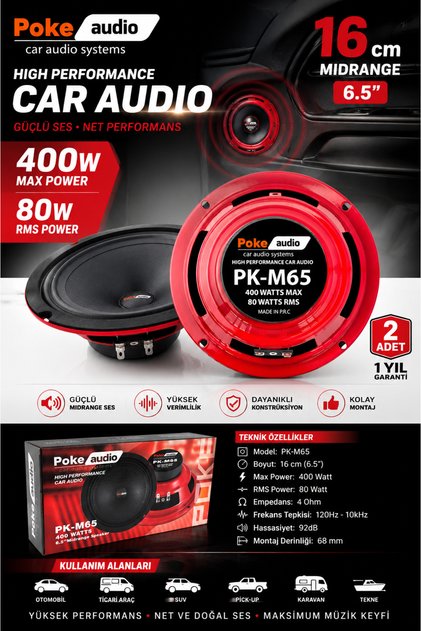 16 Cm Çifti 400 Watt 80 Rms Oto Midrange Hoparlör 2 Adet PokeAudio M-65 Serisi