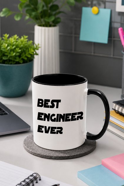 Best Engineer Ever Baskılı Mühendis Hediyelik İçi ve Kulpu Siyah Kupa Bardak
