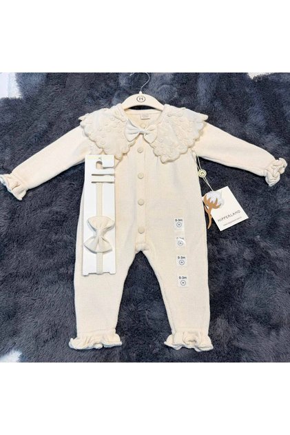 Baby Girl Lace Collared Knitwear Jumpsuit and Headband - 100% Natural Cotton - Cream