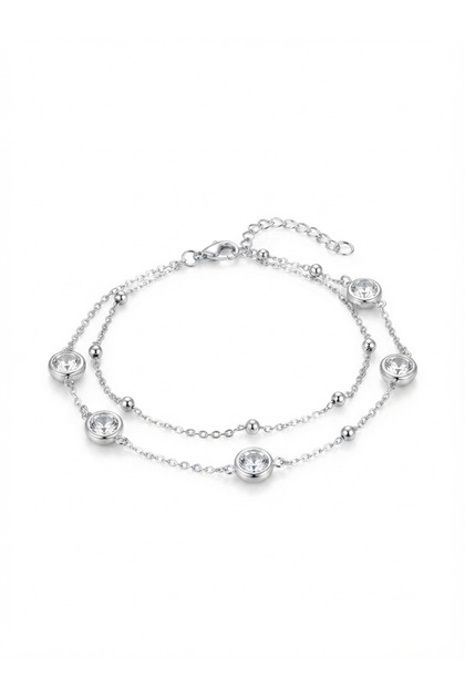 2-Piece Chain Stone Dorika Beaded Anklet Silver Color Stainless Steel Women's Anklet