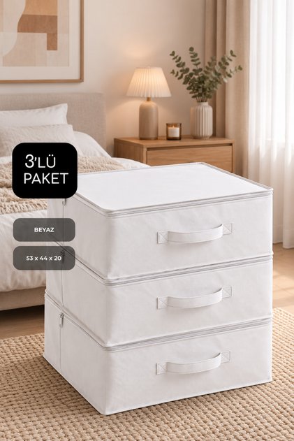 3'lü Set 53 x 44 x 21 Cm Baza Altı & Dolap İçi Organizer, Yorgan & Yastık Düzenleyici Hurç Beyaz