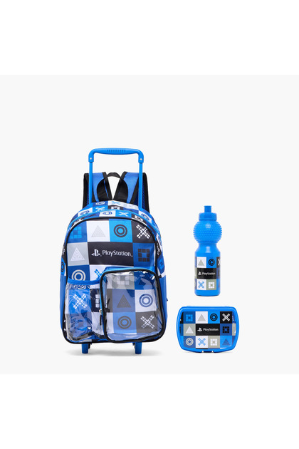 Printed 3-Pieces School Trolley Bag Set for Kids 8-13 Years with Lunch Box and Bottle