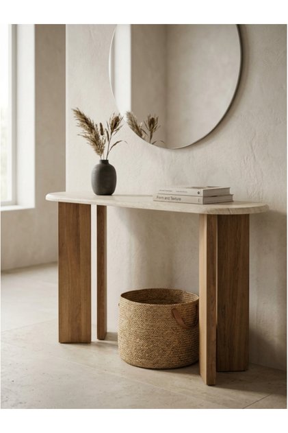 Modern Console Table with Oval Tabletop and Geometric Wood Base
