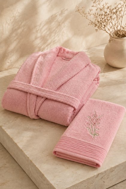 Pudra Baş Havlulu Bornoz Seti Şal Yaka Kuşaklı Yetişkin Banyo Seti