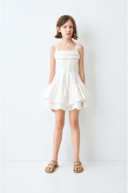 Girl's Cotton Ecru Strappy Corset Detailed Ruffle Dress