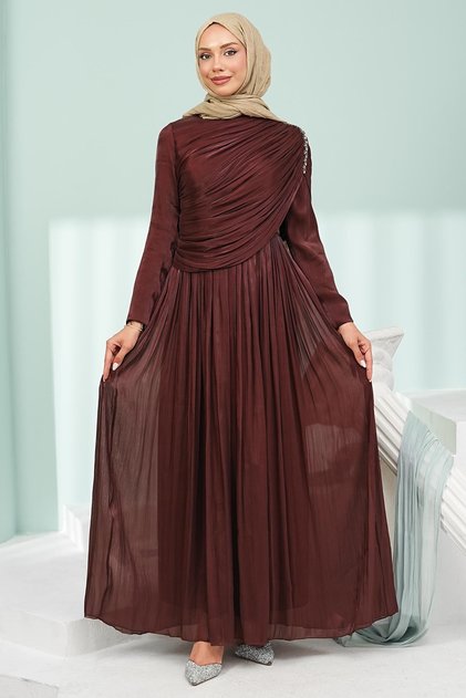 Brown Front Gathered Collar Stone Embellished Evening Dress