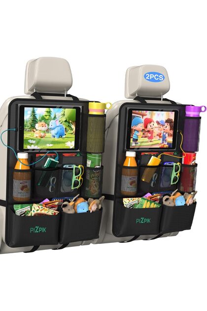 2-Pack Car Backseat Organizer,Tablet Holder,11 Storage Pockets,Foldable Food Tray,Protector Kick Mats,Black,for Kids & Travel