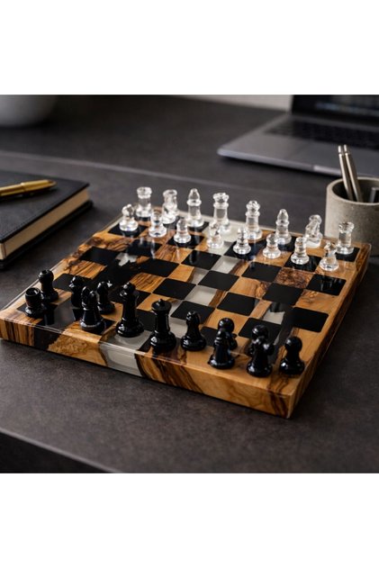 Zeus Olive Wood and Black Epoxy Luxury Chess Set