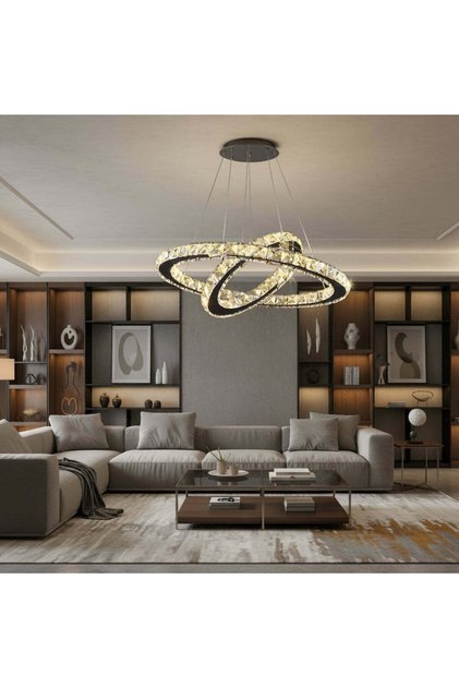 Lustra LED cu telecomanda si cristal PRISM LUMINIS 58W, 2 Cercuri, lumina Rece/Calda/Neutra, Dimabila, Crom si Alb, Inaltime Reglabila