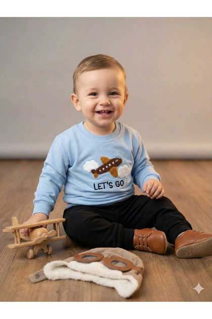 Boy's Airplane Embroidered 100% Cotton Sweatshirt Pants 2-Piece Set