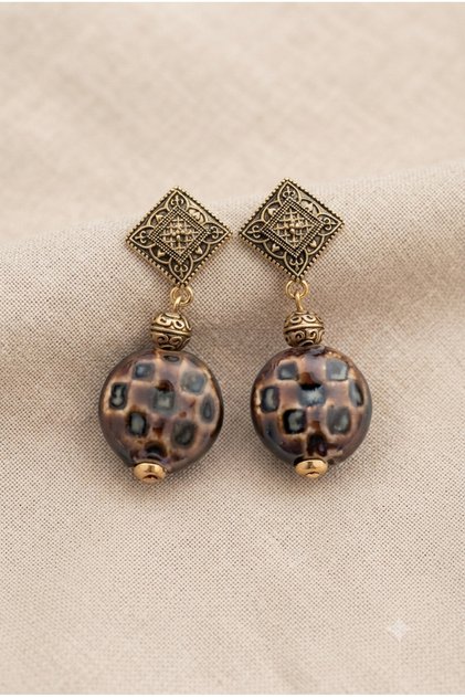 Handmade Brown Leopard Pattern Ceramic and Brass Earrings