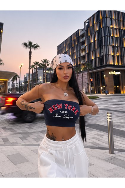 Kadın Straplez Crop Bluz Baskılı Esnek Fitilli Kumaş