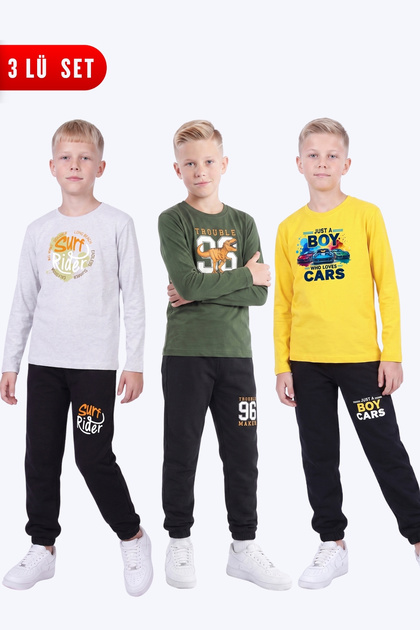 3-Piece Boy's Round Neck Top and Bottom Set with Print Detail and Elastic Cuffs, 6-Piece Set