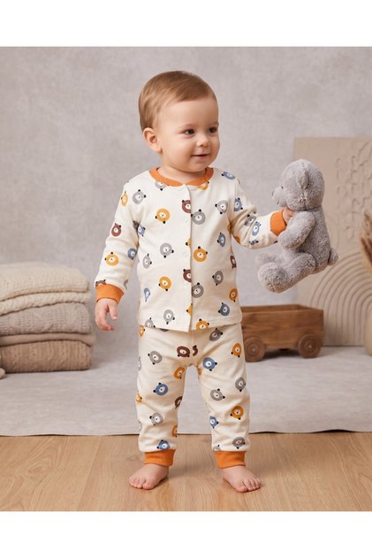 Baby Boy Teddy Bear Printed 100% Cotton 1-2-3 Years Old Snap Fastener Top and Bottom Seasonal Pajama Set