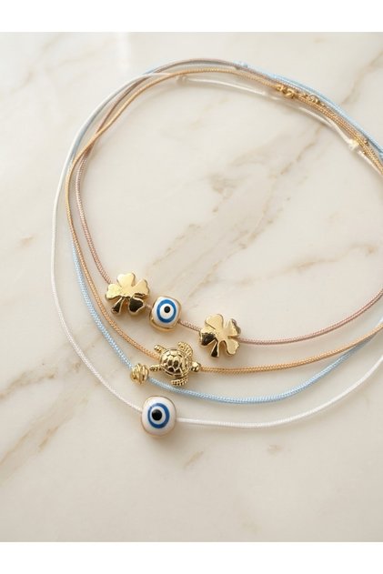 Set of 4 Evil Eye Clover Turtle Drawstring Bracelets with Dorika Detailed Slide Lock