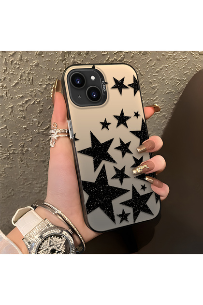 iPhone 15 Compatible High-Quality Flat Print Black Star Pattern Cool Silicone Phone Case