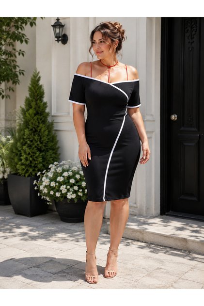 Timeless Elegance - Women's Boat Neck Contrast Piping Bodycon Stylish Pencil Dress