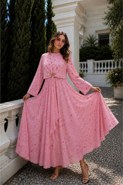 Broşlu Çiçek Desenli Şifon Elbise MA10007 Pembe