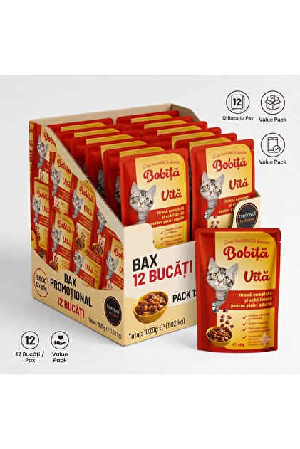 Hrană umedă pentru pisici adulte Bobiță cu vită în sos, 12 x 85 g
