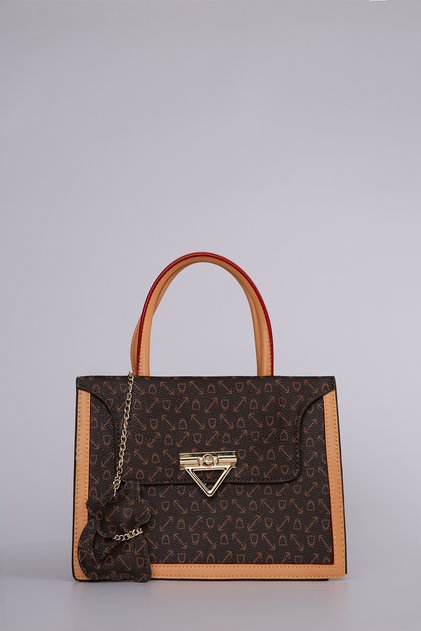 Monogram Printed Charm Detailed Long Strap Stylish Design Women's Hand and Shoulder Bag Brown