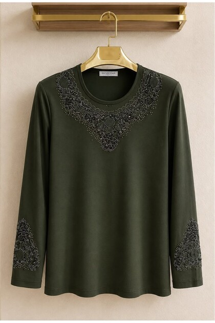 Women's Stone Embroidered Sleeve Luxury Combed Cotton Mother Blouse
