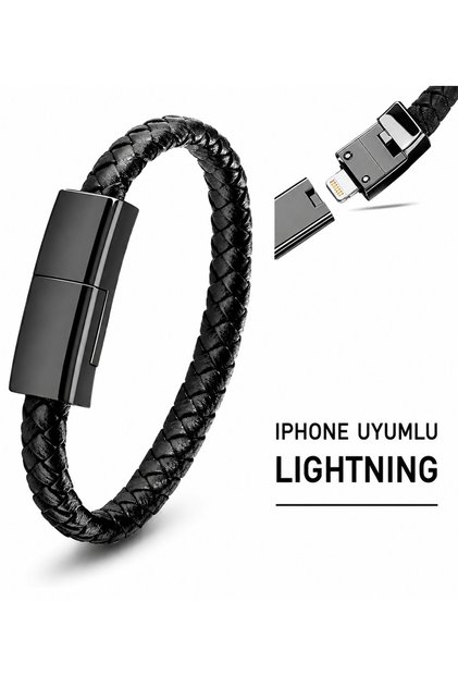 Deri Bileklik iPhone Uyumlu Lightning Şarj Kablosu 225mm