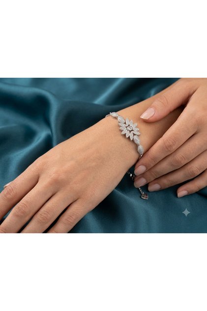 Steel Flower & Sun Motif Zircon Stone Elevator Bracelet