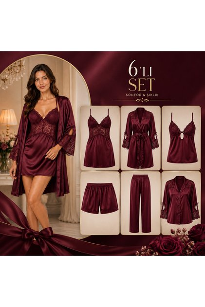Saten 6 Parça Kutulu Dantelli Gelin Çeyiz Seti Gecelik Sabahlık Pijama Takımı