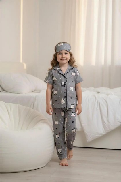 Girl's Patterned Cotton Front Buttoned Eyelet Short Sleeve Pajama Set 8007