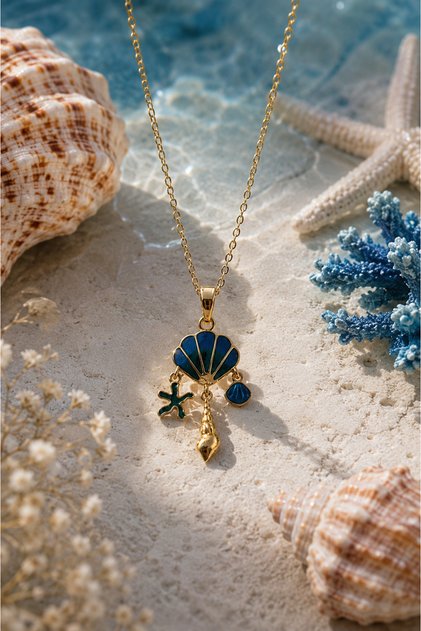 Deep Blue Seashell Charm Steel Necklace (Gold Color)