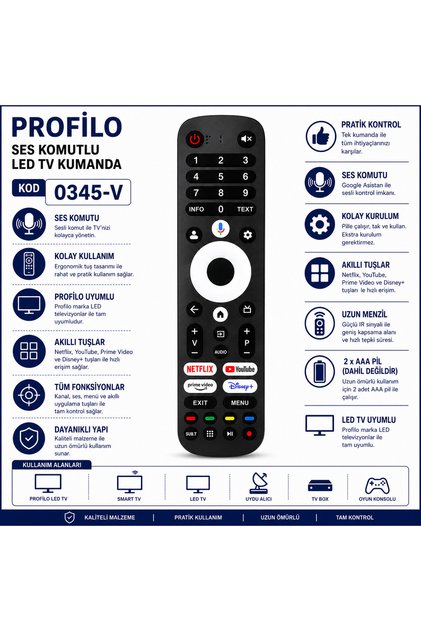 Profilo 0345-V Ses Komutlu Akıllı LED TV Kumandası Netflix YouTube Prime Video Disney+ Tuşlu