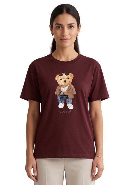 Women's Burgundy Jacket Teddy Bear Printed 100% Cotton Comfortable Fit T-Shirt